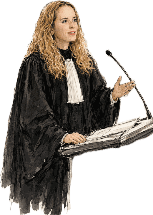 Dessin à l'encre et à l'aquarelle : Maître Mélodie Brun, en robe d'avocate, plaide à la barre, une main levée devant le micro.